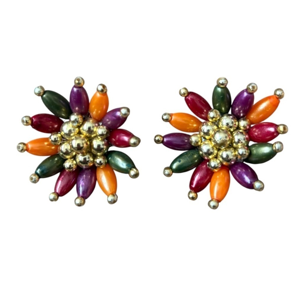 Colorful Beaded Flower Earrings Clip On Cluster Carnival Beaded 70s Vintage